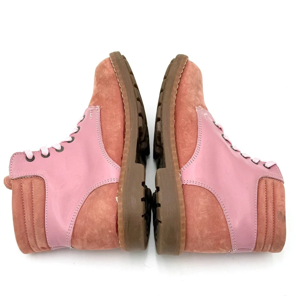 DOGI Pink Two Tone Leather Suede Lace Up Combat Ankle Boots Lug Sole Size 13